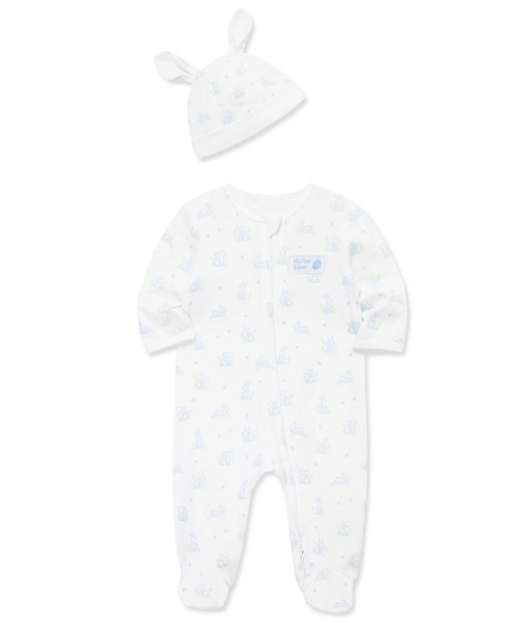 "My First Easter" Blue Bunny 2-Way-Zip Footed One-Piece & Hat - Image 3